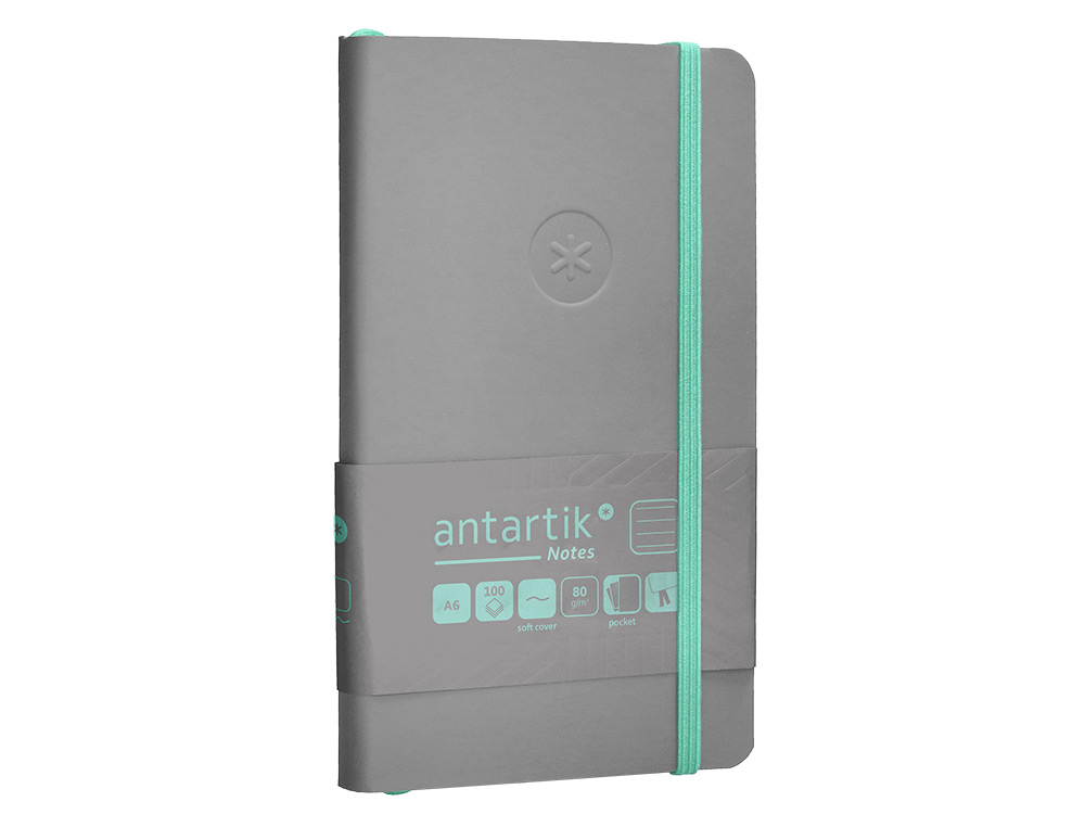 CADERNO COM ELASTICO ANTARTIK NOTES CAPA MOLE A6 PAUTADO CINZA E TURQUESA 100 FOLHAS 80 GR FSC