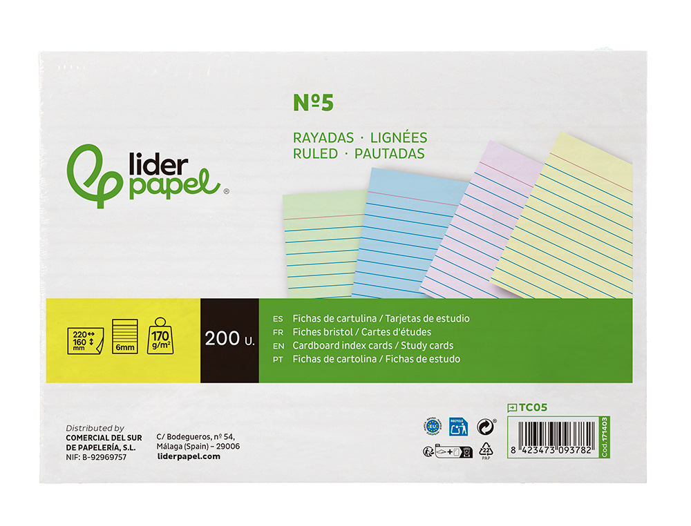 CARTAO LIDERPAPEL PARA ESTUDAR PAUTADO CARTOLINA DE CORES 180 GR 160X220MM EMBALAGEM DE 200 UNIDADES