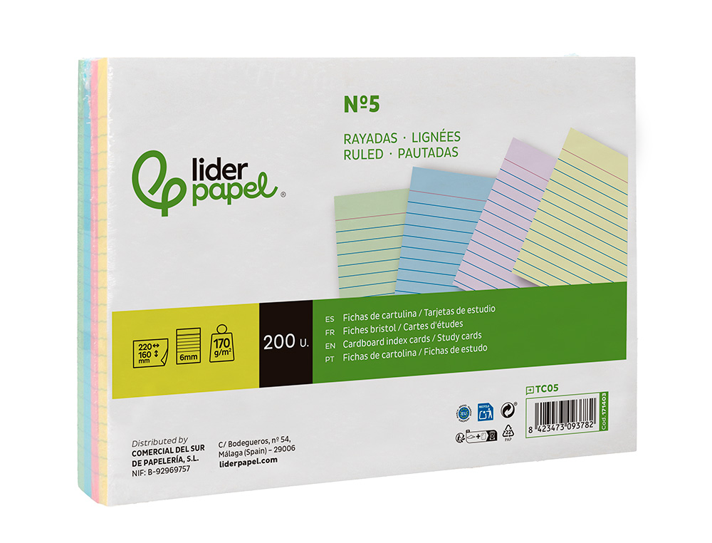 CARTAO LIDERPAPEL PARA ESTUDAR PAUTADO CARTOLINA DE CORES 180 GR 160X220MM EMBALAGEM DE 200 UNIDADES