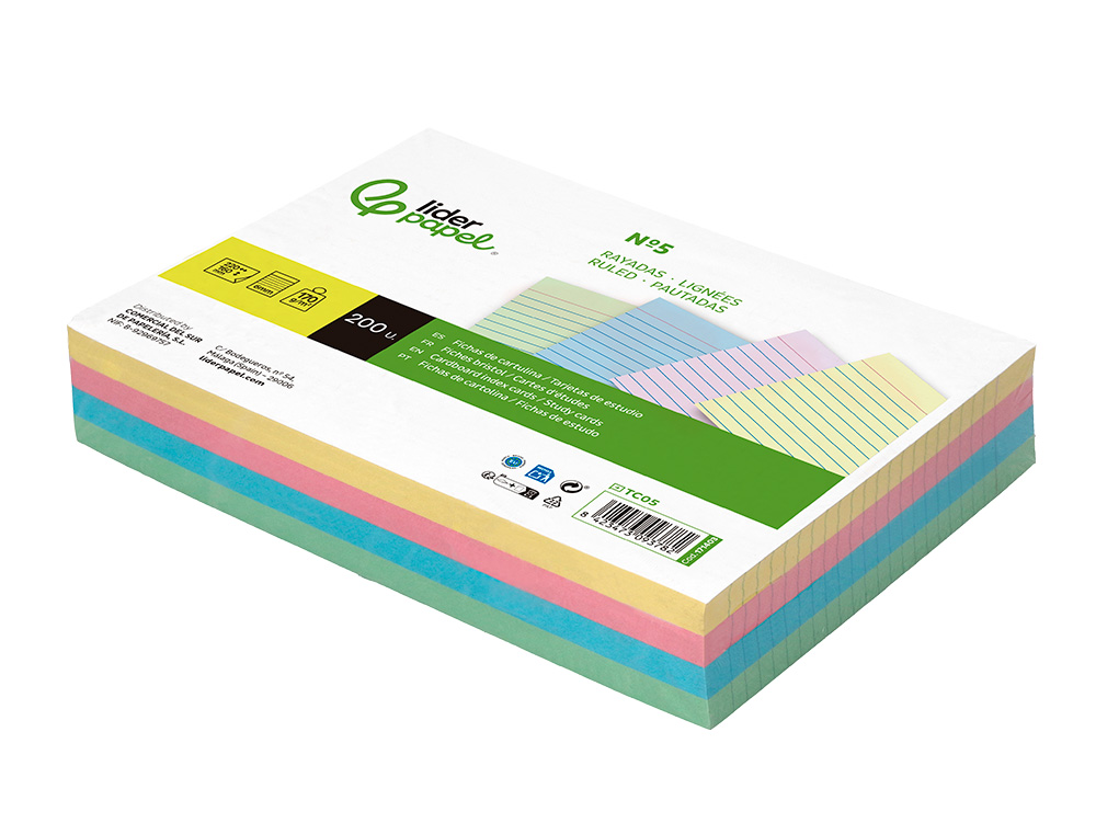 CARTAO LIDERPAPEL PARA ESTUDAR PAUTADO CARTOLINA DE CORES 180 GR 160X220MM EMBALAGEM DE 200 UNIDADES