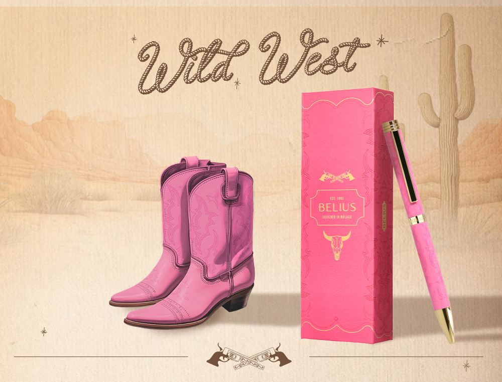 ESFEROGRAFICA BELIUS WILD WEST ALUMINIO COR ROSA DOURADO TINTA COR AZUL CAIXA DE DESIGN