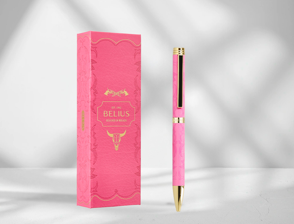 ESFEROGRAFICA BELIUS WILD WEST ALUMINIO COR ROSA DOURADO TINTA COR AZUL CAIXA DE DESIGN