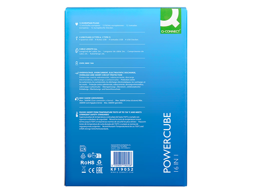 EXTENSAO Q-CONNECT MULTIPLE 16 EM 1 CABO 2 MT 12 TOMADAS DE CORRENTE+3 USB+1 USB TIPO C 120X120X210MM