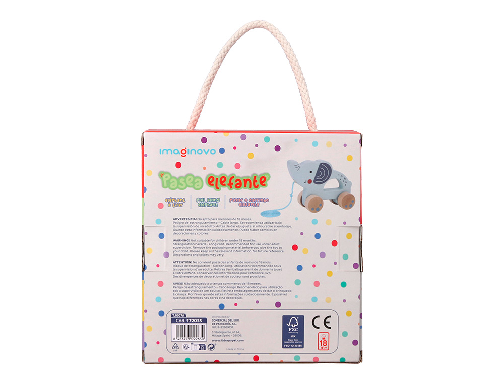 JOGO INFANTIL IMAGINOVO MADEIRA ELEFANTE PARA ARRASTAR COM RODAS +12 MESES 13,4X10X5,4CM