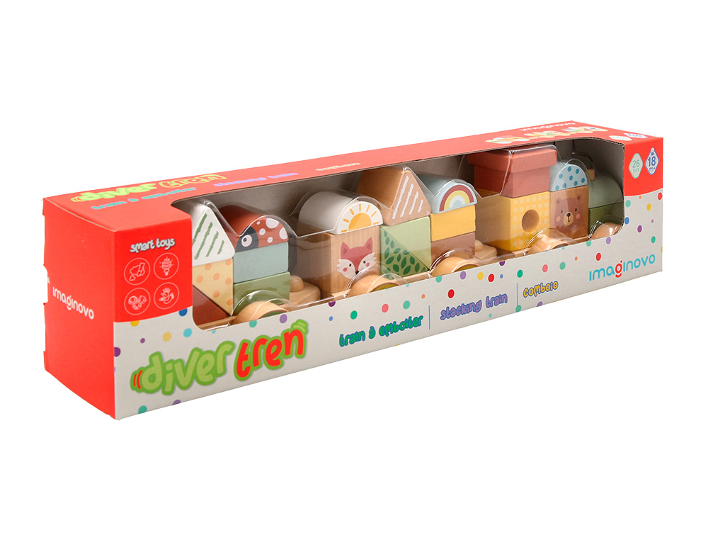 JOGO INFANTIL IMAGINOVO MADEIRA COMBOIO FIGURAS EMPILHAVEIS COM RODAS +18 MESES 38X9,5X7,5CM
