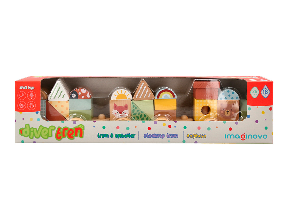 JOGO INFANTIL IMAGINOVO MADEIRA COMBOIO FIGURAS EMPILHAVEIS COM RODAS +18 MESES 38X9,5X7,5CM