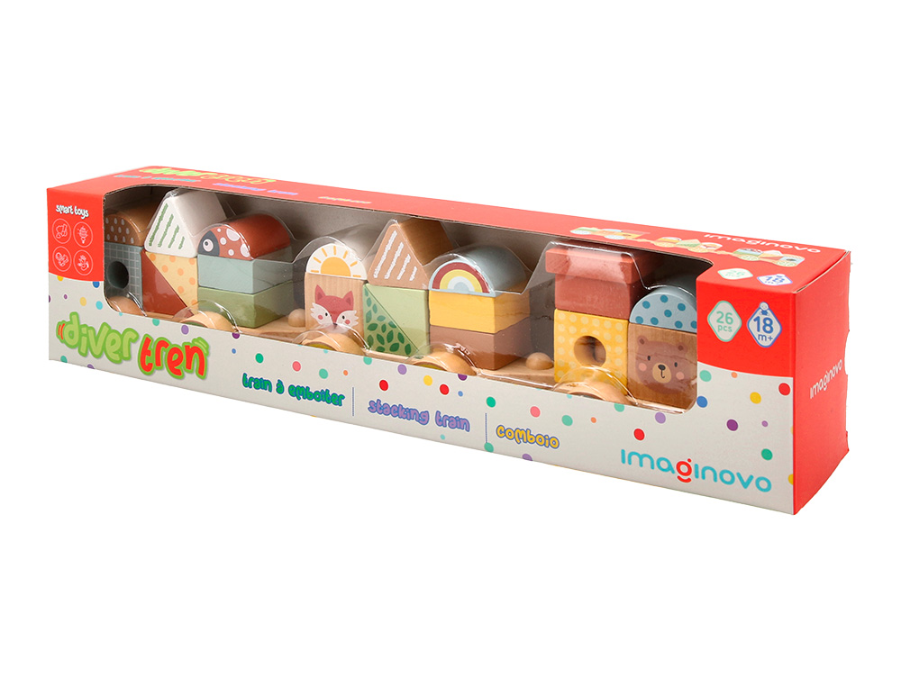 JOGO INFANTIL IMAGINOVO MADEIRA COMBOIO FIGURAS EMPILHAVEIS COM RODAS +18 MESES 38X9,5X7,5CM