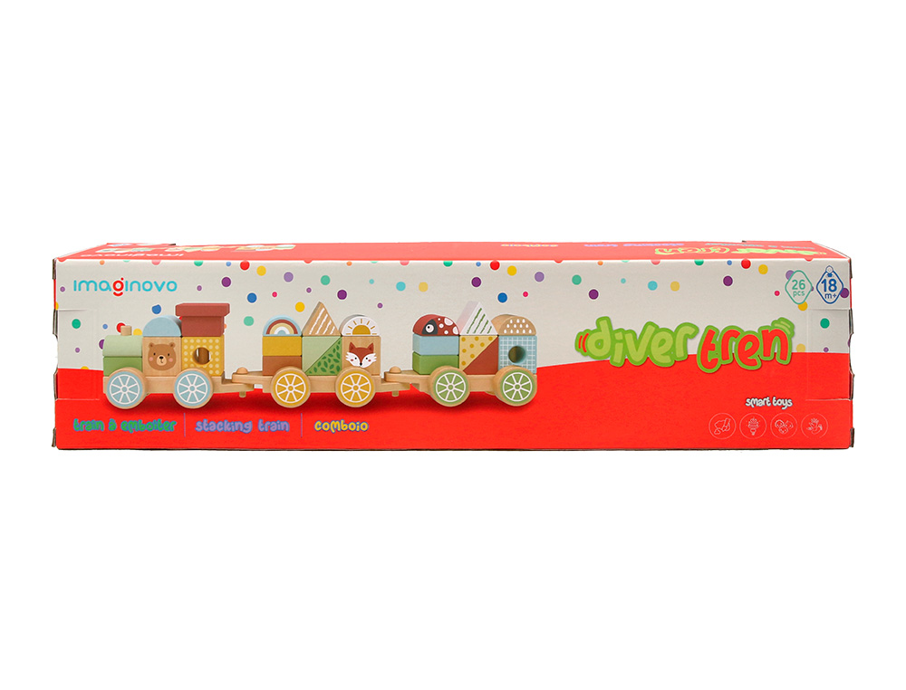 JOGO INFANTIL IMAGINOVO MADEIRA COMBOIO FIGURAS EMPILHAVEIS COM RODAS +18 MESES 38X9,5X7,5CM