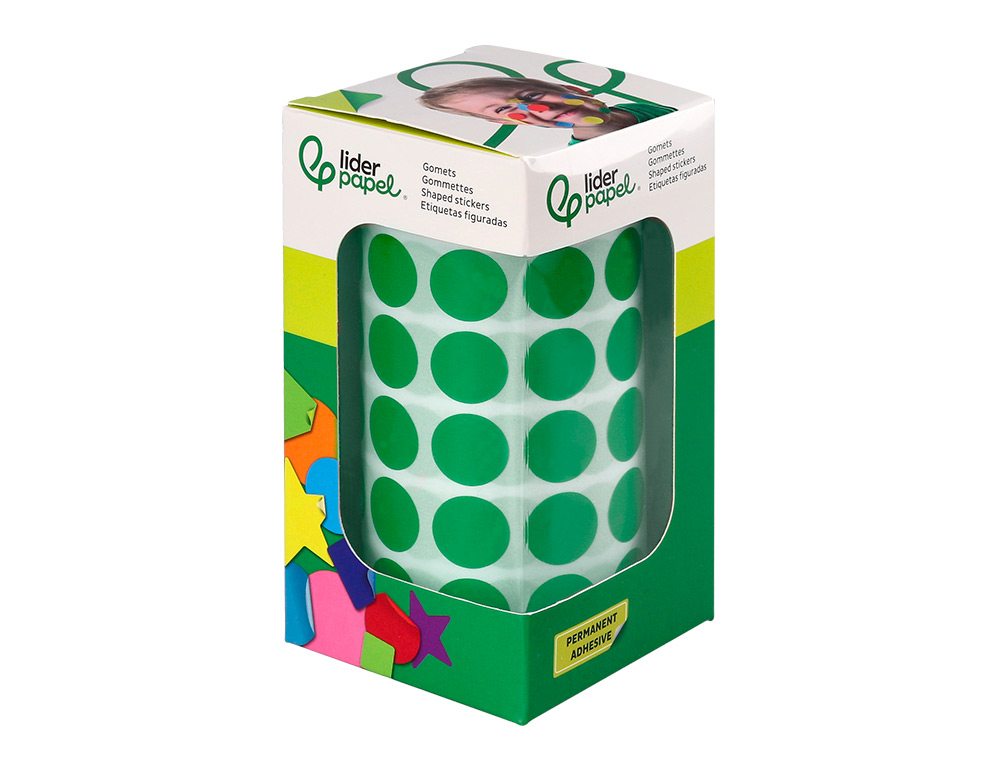 ETIQUETAS ESCOLAR LIDERPAPEL AUTOADESIVAS CIRCULOS 15 MM VERDE ROLO DE 2500 UNIDADES EM CAIXA DE CARTAO