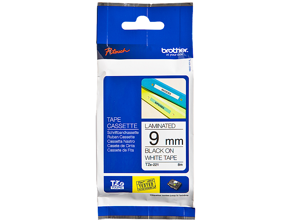 FITA BROTHER TZ-221 LAMINADA BRANCO-PRETO 9MM X 8M