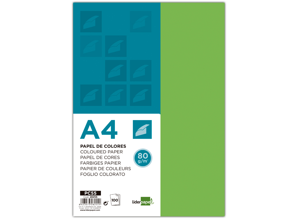 PAPEL DE COR LIDERPAPEL DIN A4 80 GR VERDE EMBALAGEM DE 100 FOLHAS