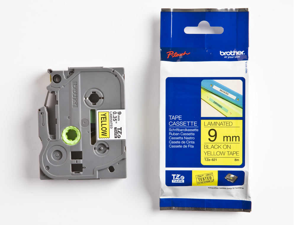 FITA BROTHER TZ-621 LAMINADA AMARELO-PRETO 9MM X 8M