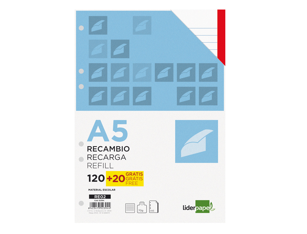 RECARGA LIDERPAPEL DIN A5 120+20 F HORIZONTAL 6 FUROS SEM MARGEM BANDAS 5 CORES PAPEL 70 GR