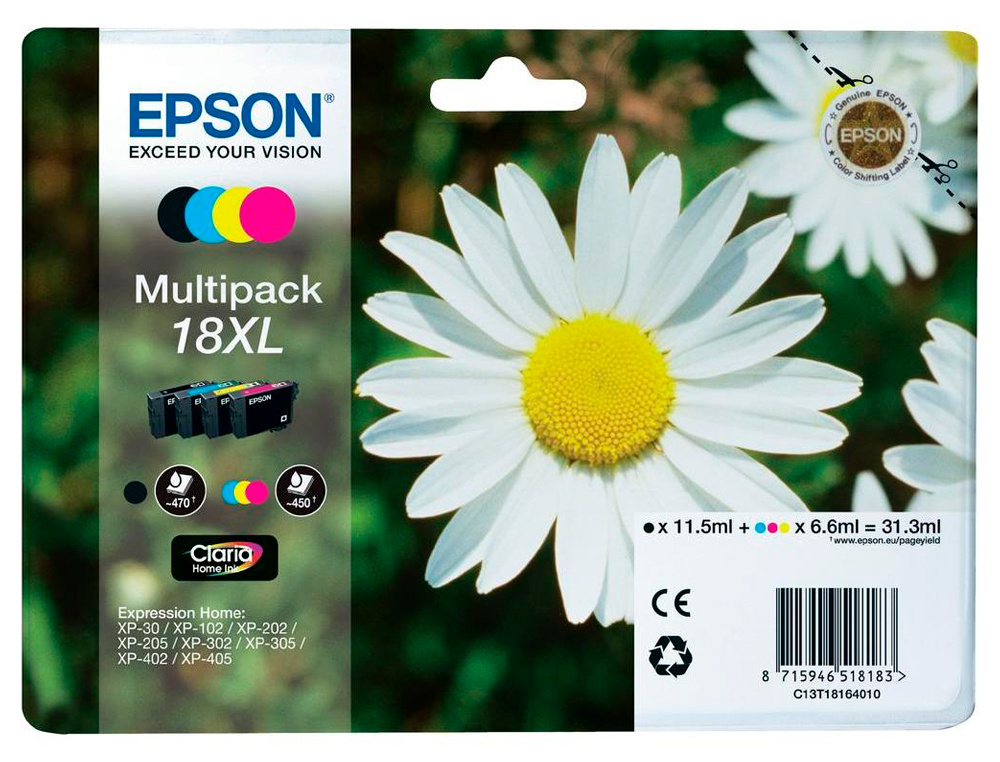 TINTEIRO EPSON MULTIPACK T1816 PRETO AMARELO CIAN E MAGENTA XP-102 XP-205 XP-305 XP-405 CAPACIDADE 470 PAG