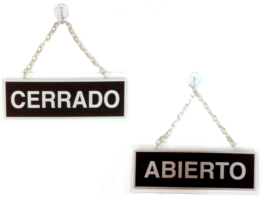 ROTULO METALICO SERIGRAFIADO ABIERTO Y CERRADO CON CADENA Y VENTOSA PARA COLGAR DE 74X232 MM