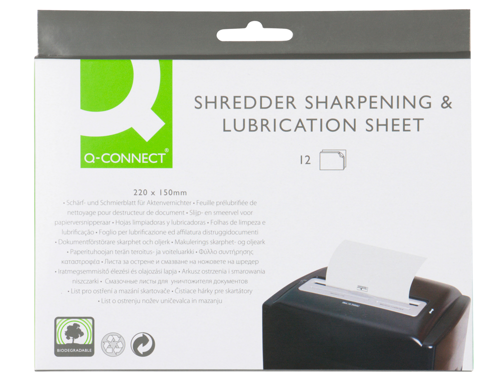 FOLHAS LUBRIFICANTES E AFIADORAS Q-CONNECT PARA DESTRUIDORA PACK DE 12 FOLHAS MEDIDAS 220X150MM
