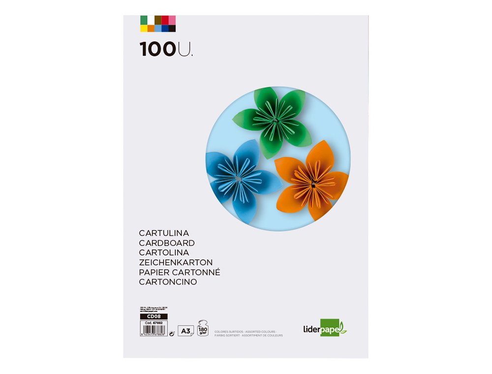 CARTOLINA LIDERPAPEL DIN A3 180 GR 10 CORES SORTIDAS PACK DE 100 UNIDADES