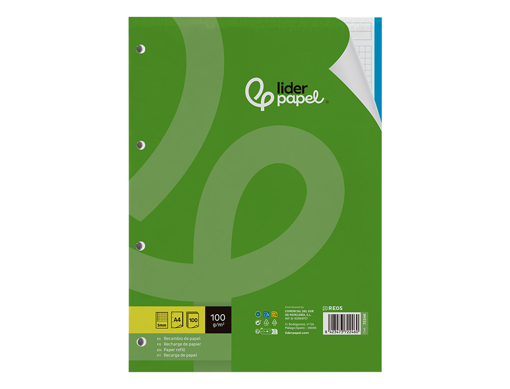 RECARGA LIDERPAPEL DIN A4 100 F 100 GR QUADRICULA5 MM SEM MARGEN 4 FUROS BANDAS DE 5 CORES