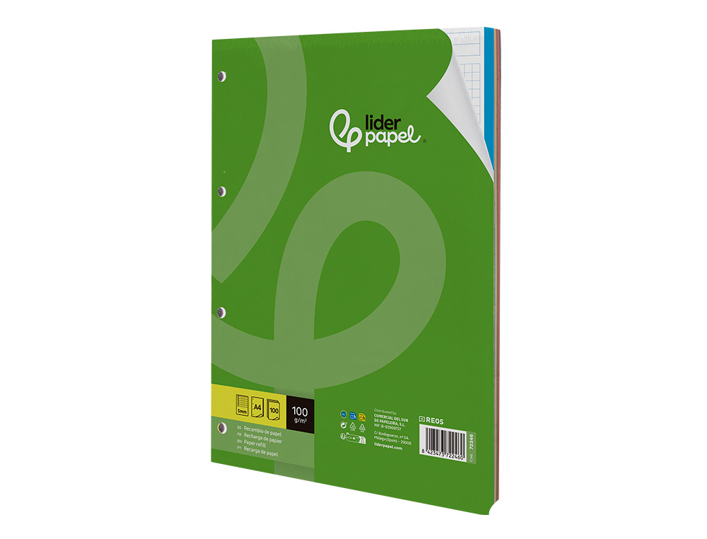 RECARGA LIDERPAPEL DIN A4 100 F 100 GR QUADRICULA5 MM SEM MARGEN 4 FUROS BANDAS DE 5 CORES