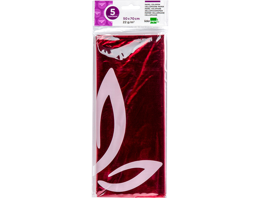 PAPEL CELOFANE LIDERPAPEL 50X70 CM 22GR BOLSA DE 5 FOLHAS ROSA