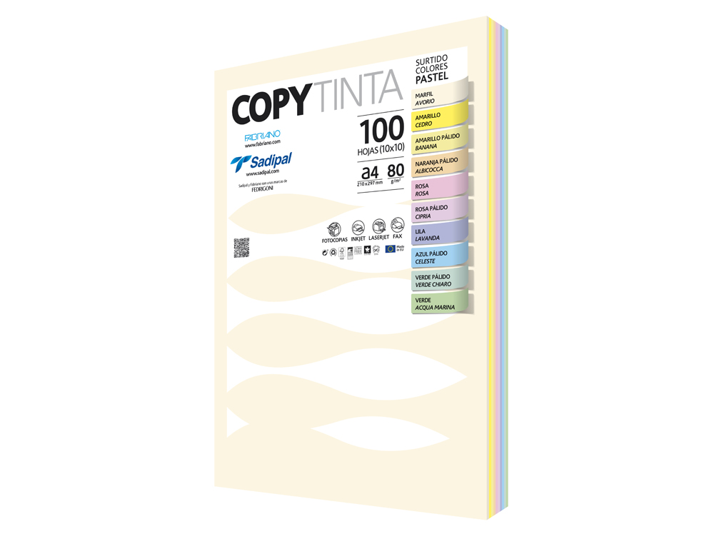 PAPEL COLOR FABRIANO DIN A4 80 GR 10 COLORES PASTEL SURTIDOS PAQUETE DE 100 HOJAS 10XCOLOR