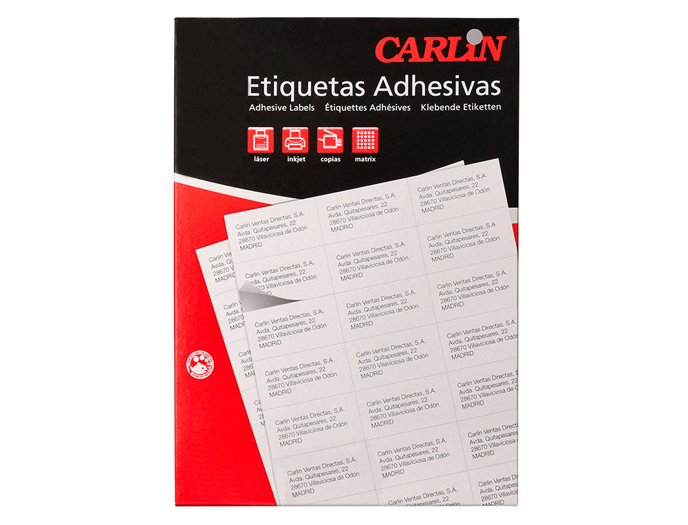 ETIQUETA ADESIVA CARLIN 70X37 MM FOTOCOPIADORA LASER INK-JET CAIXA DE 100 FOLHAS DIN A4