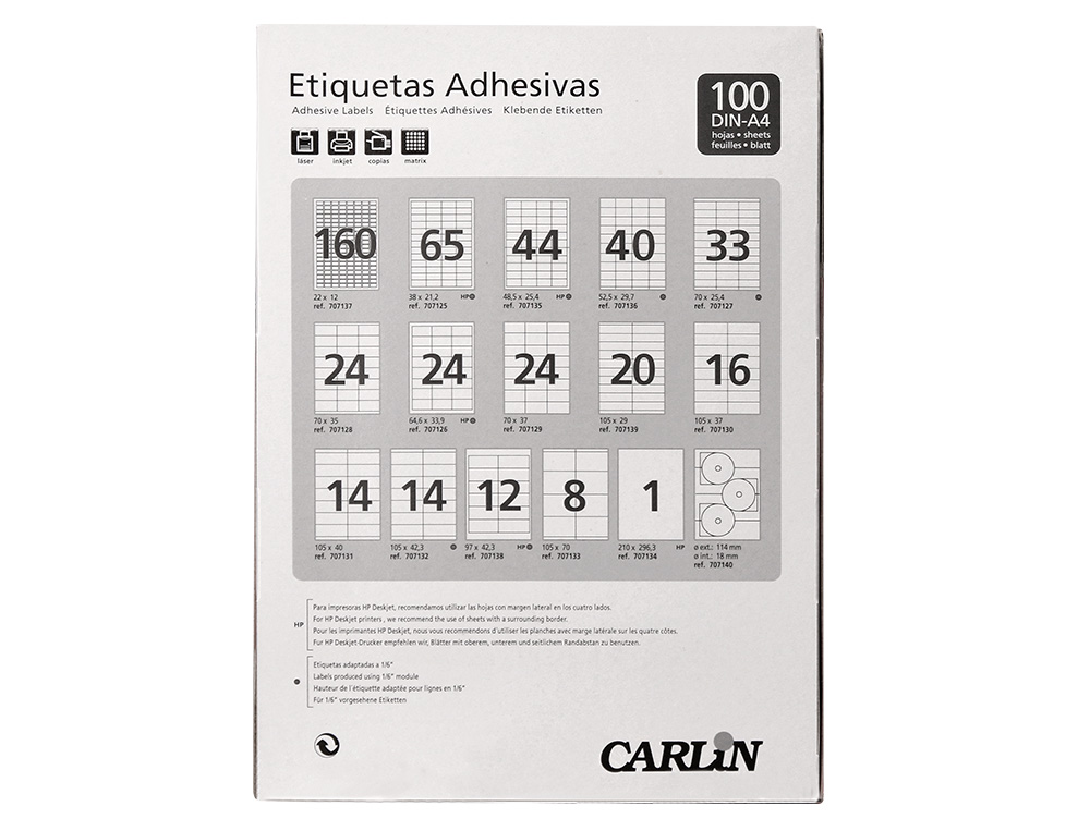 ETIQUETA ADESIVA CARLIN 70X37 MM FOTOCOPIADORA LASER INK-JET CAIXA DE 100 FOLHAS DIN A4