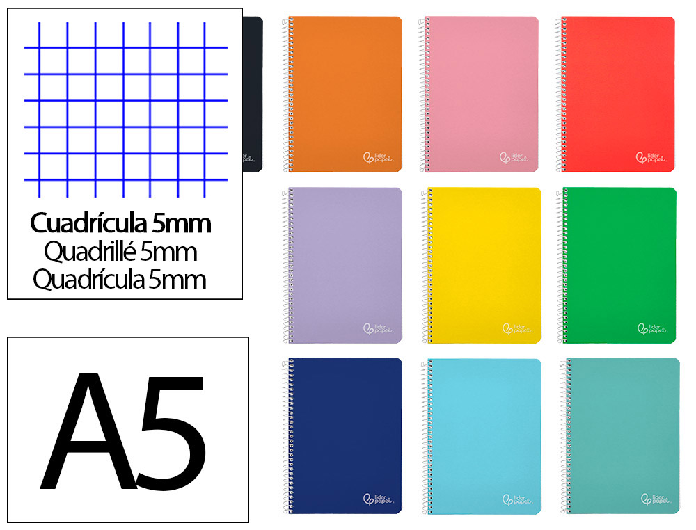CADERNO ESPIRAL LIDERPAPEL DIN A5 WITTY CAPA DURA 80 F 90 GR QUADRICULA 5MM COM MARGEM CORES SORTIDAS