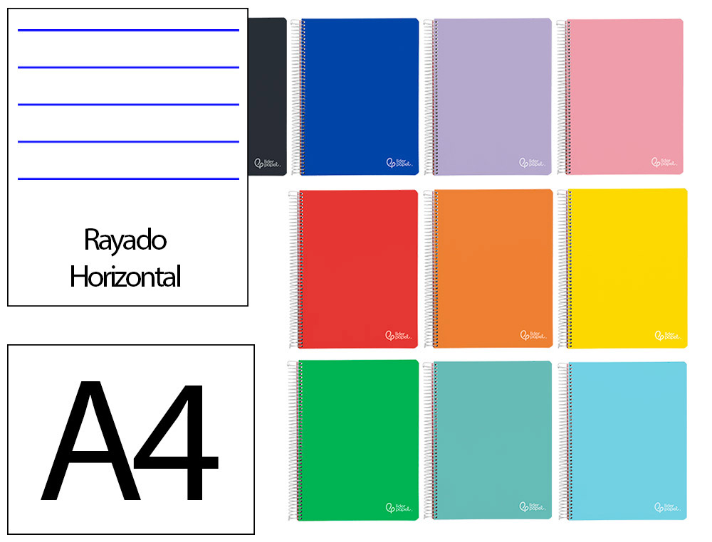 CUADERNO ESPIRAL LIDERPAPEL A4 MICRO WITTY TAPA DURA 120H 90GR HORIZONTAL 8MM 5 BANDAS 4 TALADROS COLORES SURTIDOS