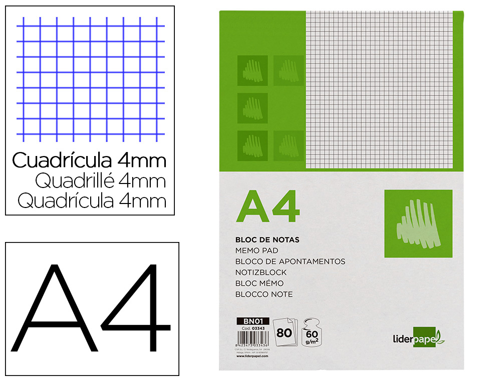 BLOCO DE APONTAMENTOS LIDERPAPEL DIN A4 80 F QUADRICULADO