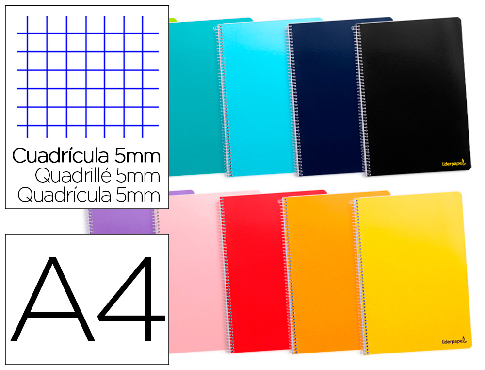 CADERNO ESPIRAL LIDERPAPEL DIN A4 SMART CAPA SUAVE 80 F 60GR QUADRICULA 5MM DUPLA MARGEM4 FUROS CORES SORTIDAS