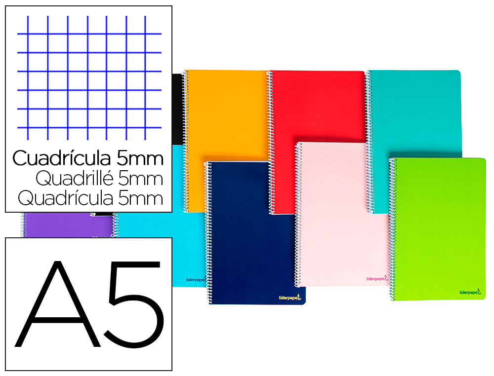 CADERNO ESPIRAL LIDERPAPEL DIN A5 SMART CAPA SUAVE 80 F 60GR QUADRICULA 5MM DUPLA MARGEM 6 FUROS CORES SORTIDAS