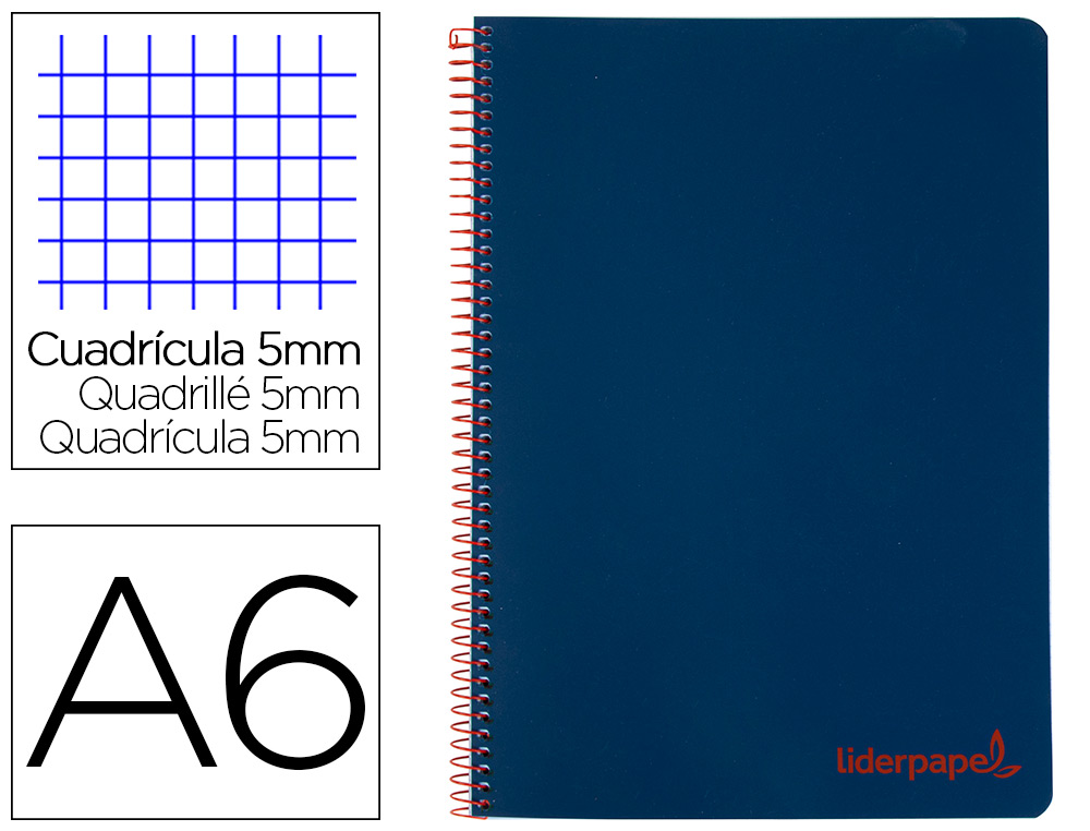 CADERNO ESPIRAL LIDERPAPEL DIN A6 WONDER CAPA PLASTICO 120 F 90 GR QUADRICULA 5MM 4 BANDAS DE CORES COR AZUL MARINHO