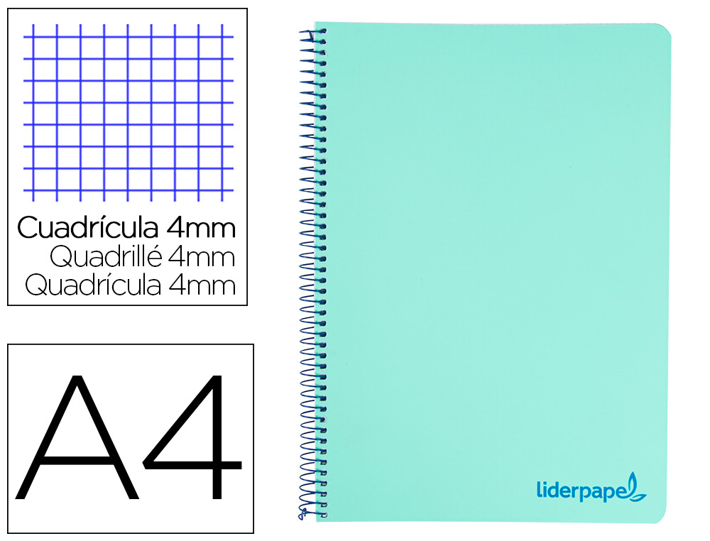 CADERNO ESPIRAL LIDERPAPEL A4 WONDER CAPA PLASTICO 80F 90GR QUADRICULA 4MM COM MARGEM VERDE