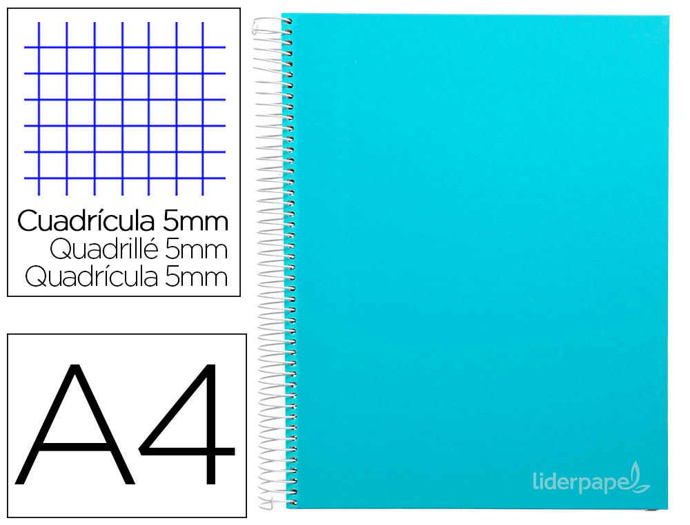 CADERNO ESPIRAL LIDERPAPEL DIN A4 JOLLY CAPA FORRADA 140 F 75 GR QUADRICULA 5MM 5 BANDAS DE CORES 4 FUROS COR CELESTE