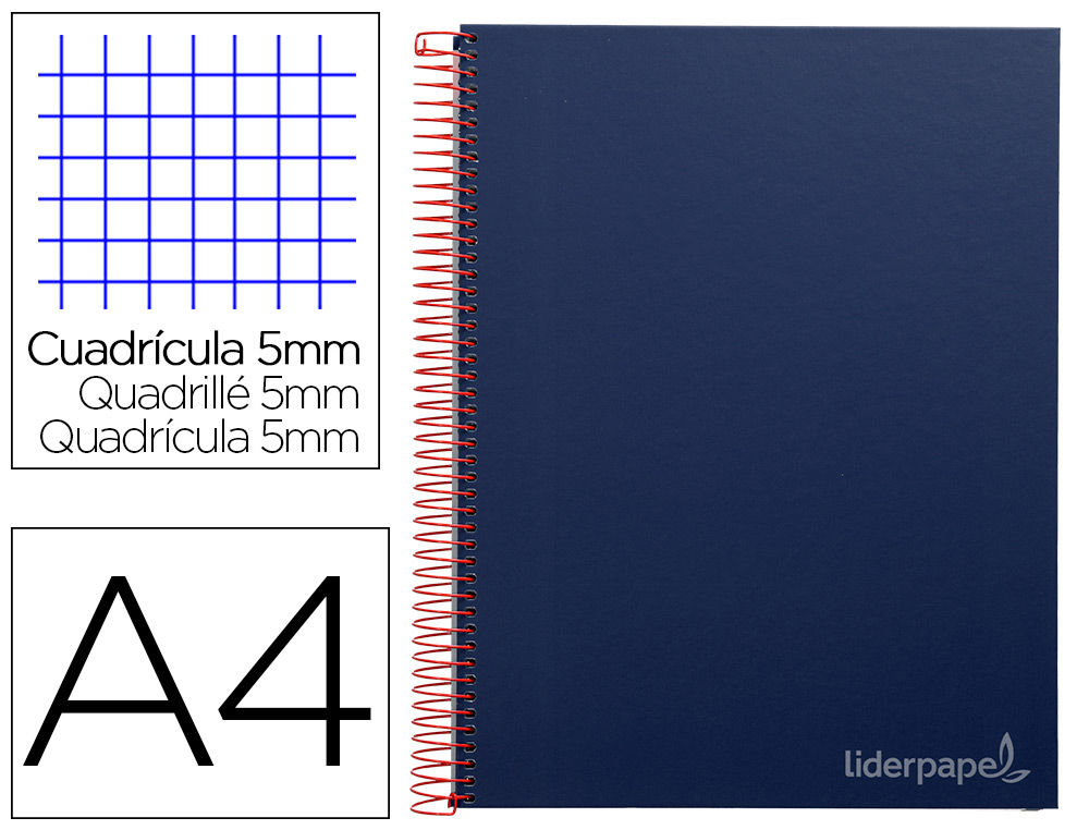 CADERNO ESPIRAL LIDERPAPEL DIN A4 JOLLY CAPA FORRADA 140 F 75 GR QUADRICULA 5MM 5 BANDAS DE CORES 4 FUROS COR AZUL