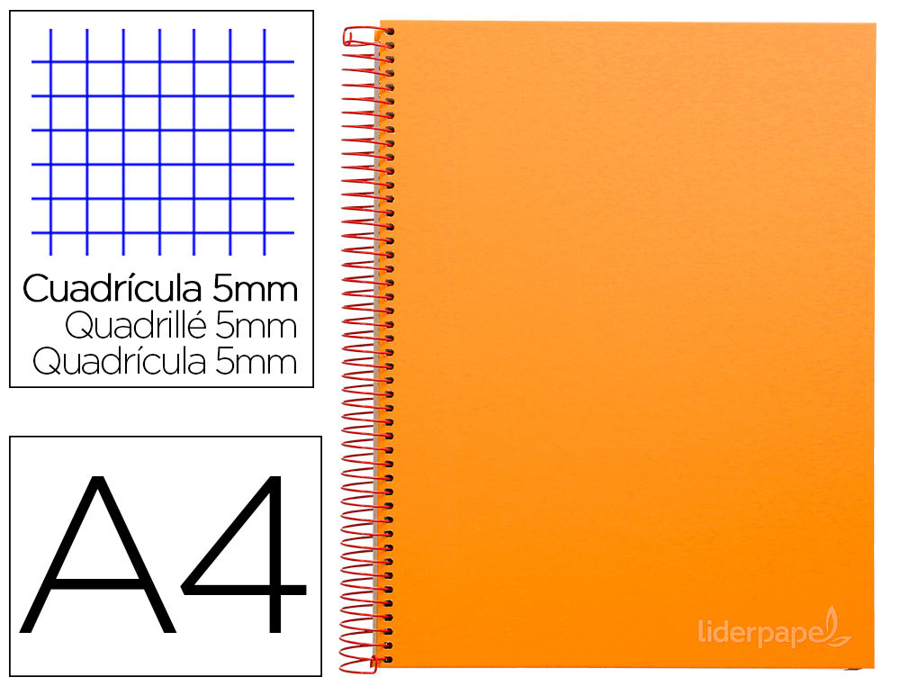 CADERNO ESPIRAL LIDERPAPEL DIN A4 JOLLY CAPA FORRADA 140 F 75 GR QUADRICULA 5MM 5 BANDAS DE CORES 4 FUROS COR LARANJA