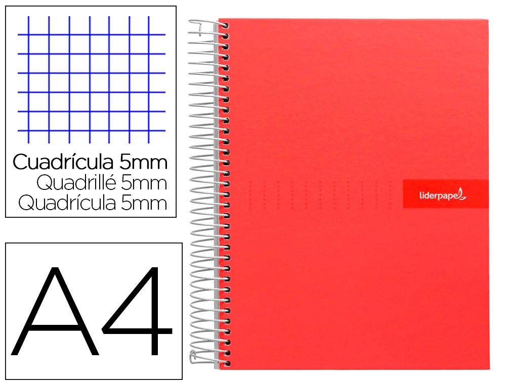CADERNO ESPIRAL LIDERPAPEL DIN A4 CRAFTY CAPA FORRADA 120 F 90 GR QUADRICULA 5 MM 5 BANDAS DE CORES 4 CORES COR VERMELHO