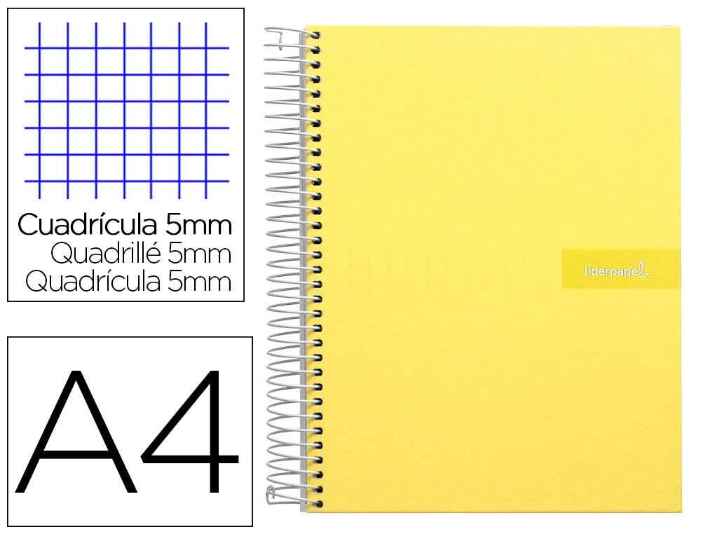 CADERNO ESPIRAL LIDERPAPEL DIN A4 CRAFTY CAPA FORRADA 120 F 90 GR QUADRICULA 5MM 5 BANDAS DE CORES 4 FUROS COR AMARELO
