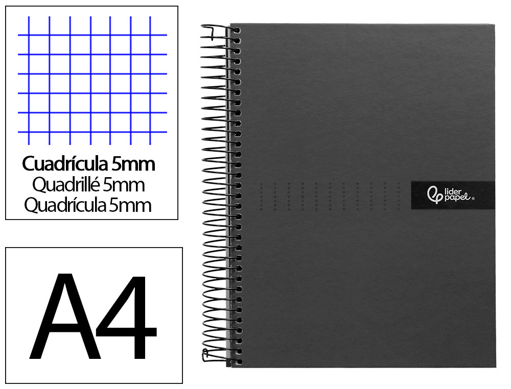 CADERNO ESPIRAL LIDERPAPEL DIN A4 CRAFTY CAPA FORRADA 120 F 90 GR QUADRICULA 5 MM 5 BANDAS DE CORES 4 CORES COR PRETO