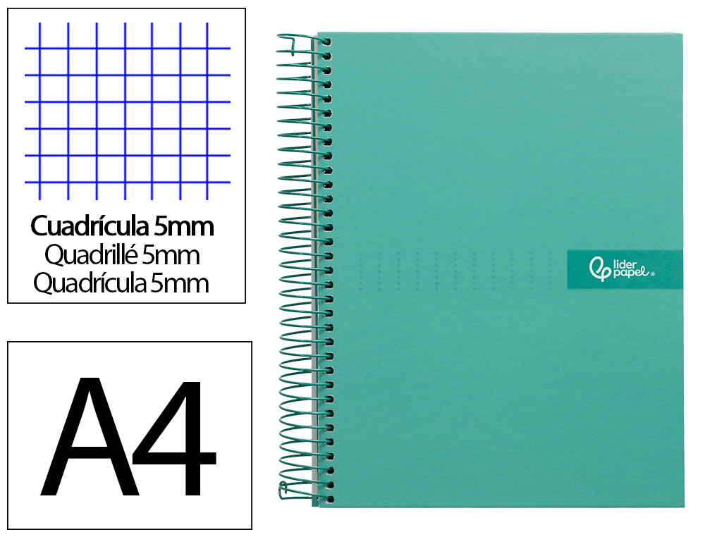 CADERNO ESPIRAL LIDERPAPEL DIN A4 CRAFTY CAPA FORRADA 120 F 90 GR QUADRICULA 5MM 5 BANDAS DE CORES 4 FUROS COR TURQUESA