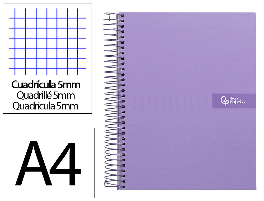 CADERNO ESPIRAL LIDERPAPEL DIN A4 CRAFTY CAPA FORRADA 120 F 90 GR QUADRICULA 5MM 5 BANDAS DE CORES 4 FUROS COR VIOLETA