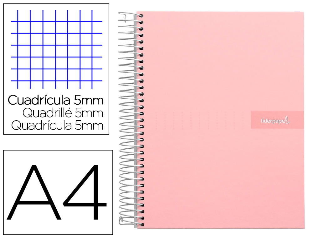 CADERNO ESPIRAL LIDERPAPEL DIN A4 CRAFTY CAPA FORRADA 120 F 90 GR QUADRICULA 5 MM 5 BANDAS DE CORES 4 CORES COR ROSA