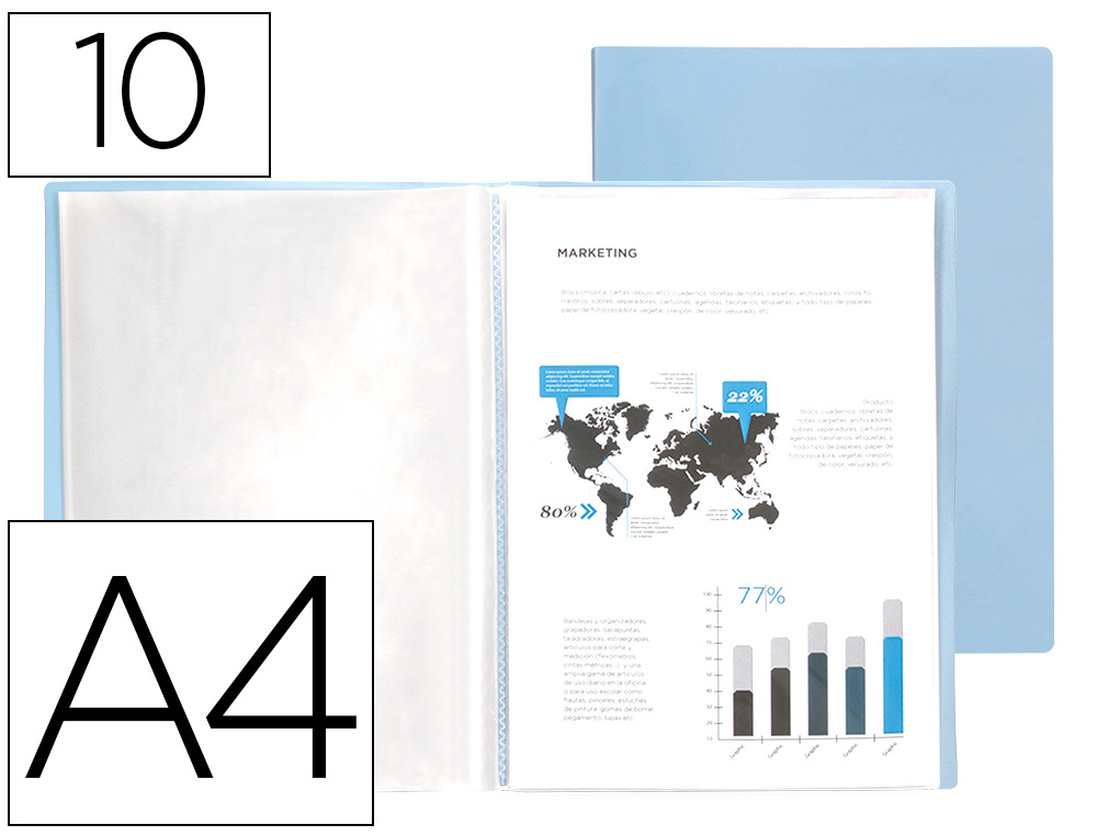 CAPA CATALOGO LIDERPAPEL 10 BOLSAS POLIPROPILENO DIN A4 CELESTE OPACO