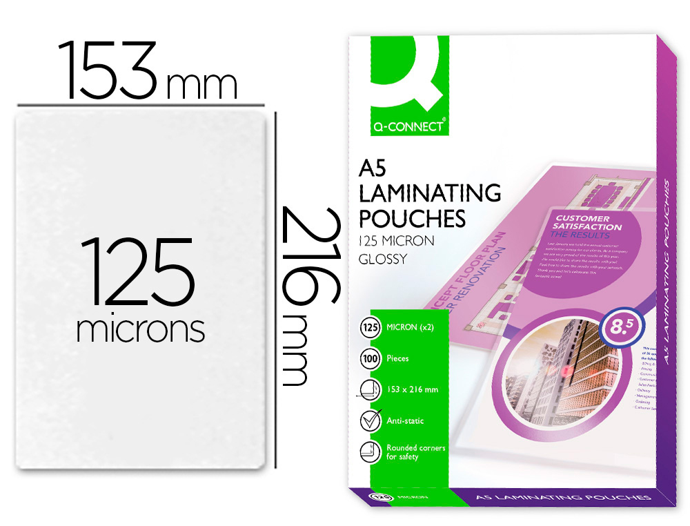 BOLSA DE PLASTIFICAR Q-CONNECT 153 X 216 MM DIN A5 125 MICRONS AUTOADESIVAS CAIXA DE 100 UNIDADES