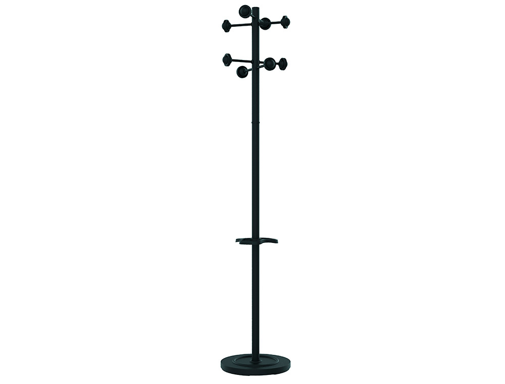 PERCHERO METALICO UNILUX ACCUEIL PIE 8 COLGADORES CON PARAGUERO Y BANDEJA GOTEO NEGRO 177 X 38 CM