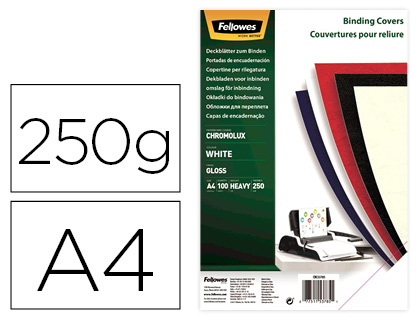 CAPA DE ENCADERNACAO FELLOWES CARTAO DIN A4 BRILHO BRANCA CHROMOLUX 250 GR PACK DE 100 UNIDADES