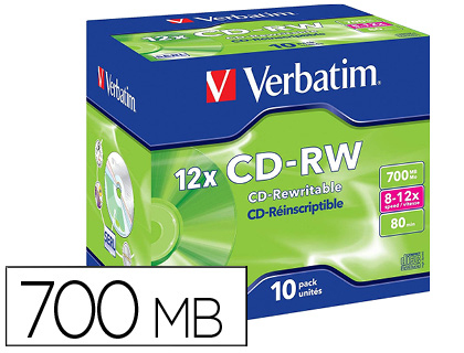 CD-RW VERBATIM SERL CAPACIDADE 700MB VELOCIDADE 12X 80 MIN PACK DE 10 UNIDADES
