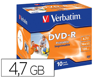 DVD-R VERBATIM IMPRIMIVEL CAPACIDADE 4.7GB VELOCIDADE 16X 120 MIN PACK DE 10 UNIDADES