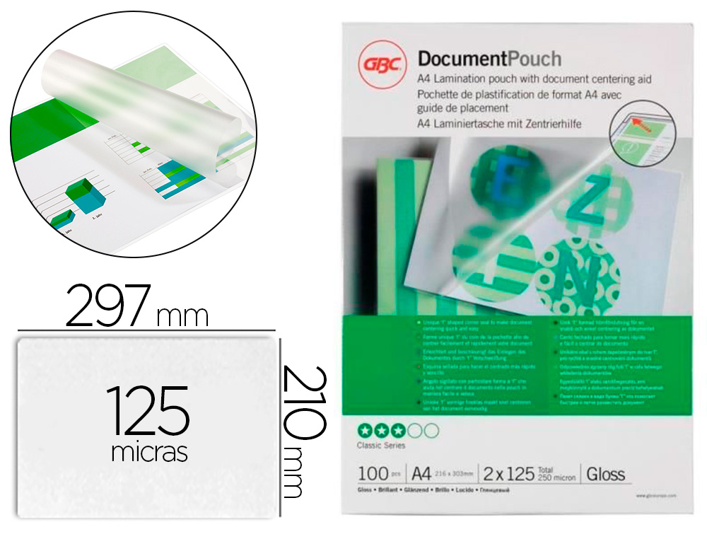 BOLSA DE PLASTIFICAR GBC DIN A4 125 MICRONS ACABAMENTO BRILHANTE CAIXA DE 100 UNIDADES